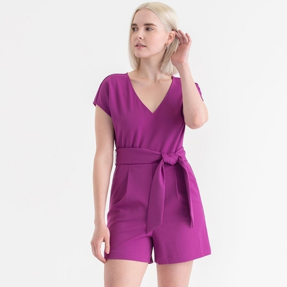 Ricki’s Women's Fuchsia Barbiecore Feminine Wrap-Front Belted Romper Size 6 - Picture 2 of 8
